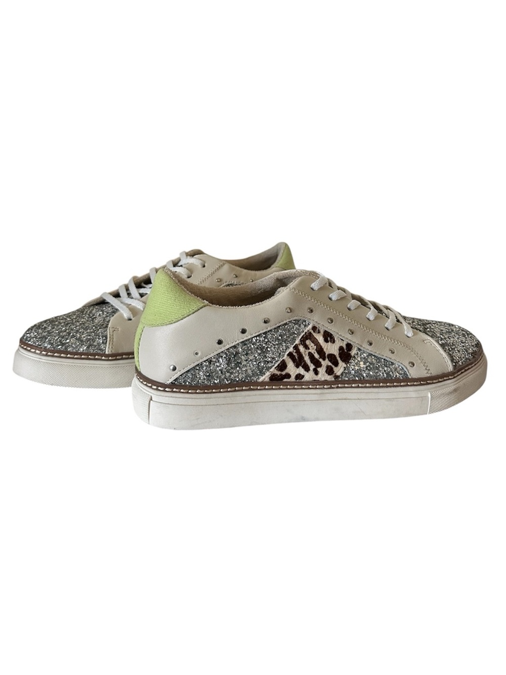 Crown Vintage Silver Glitter Sneakers with Leopard Panel and Lime Heel